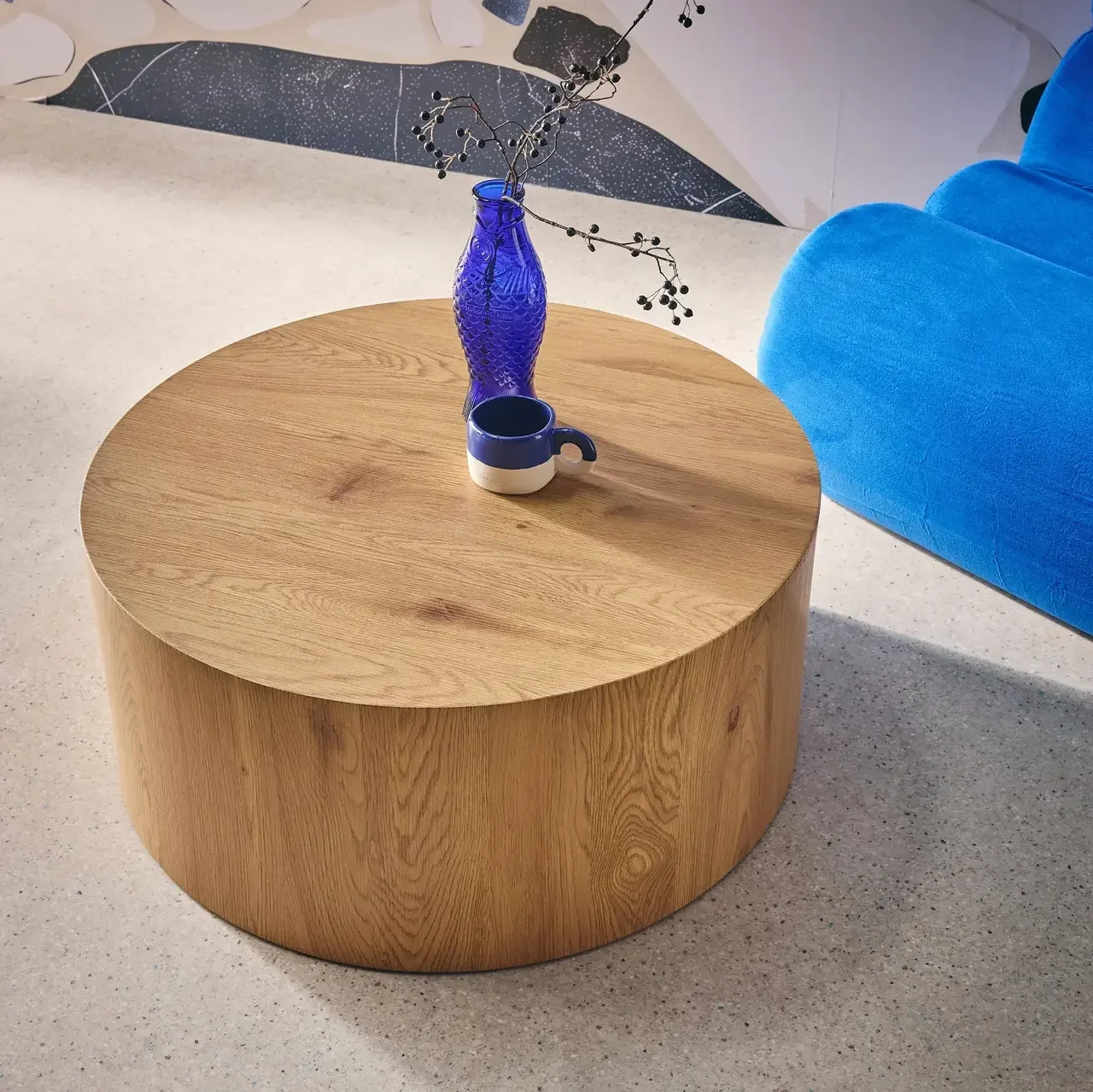 Table basse ronde scandinave effet bois salon design