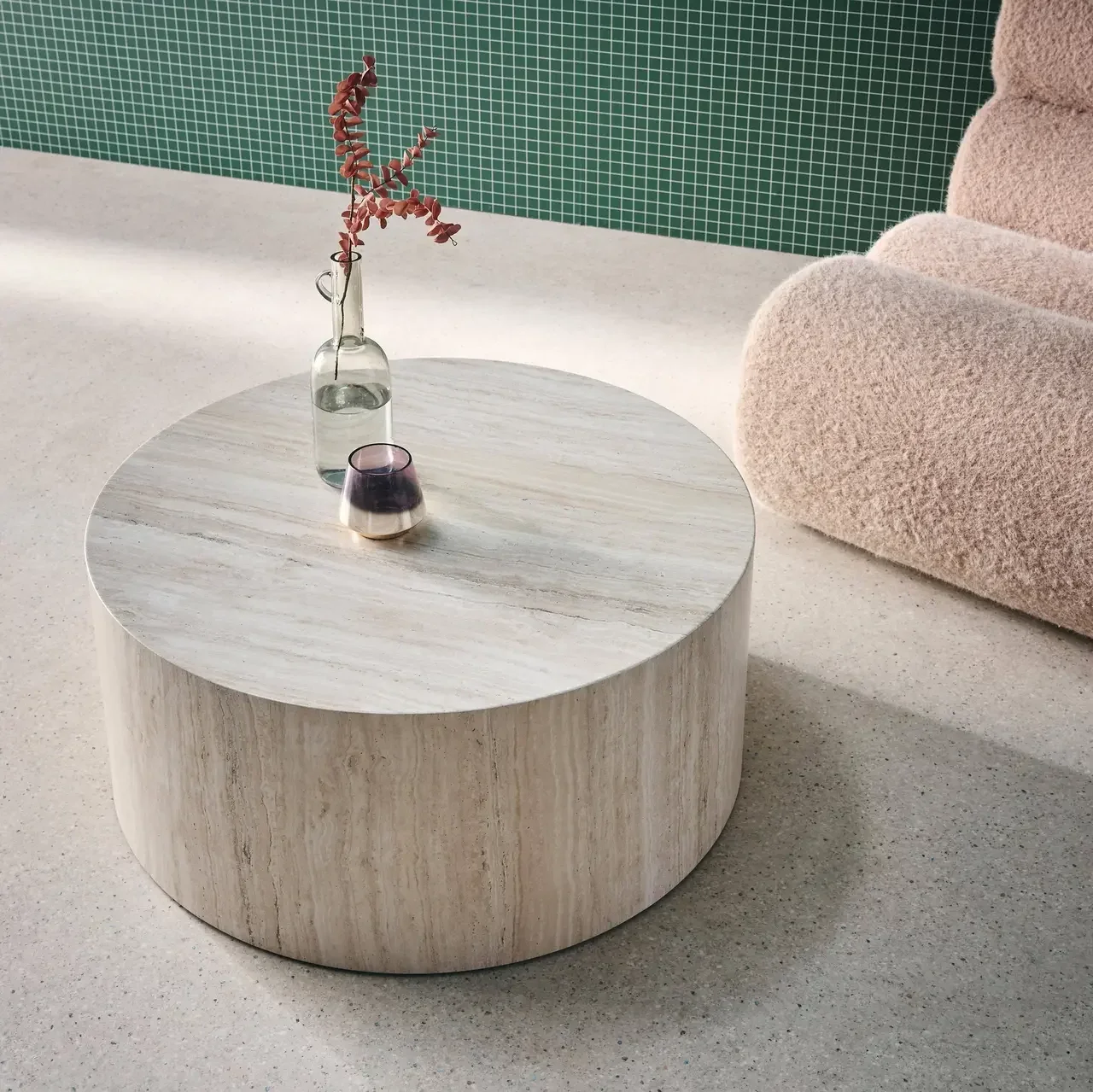 Table basse ronde design scandinave effet bois salon