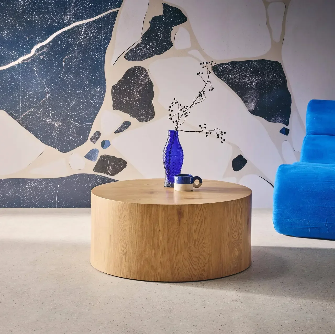 Table basse ronde scandinave effet bois salon design