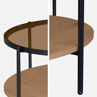Table basse ronde double plateau verre bois métal noir Smooky