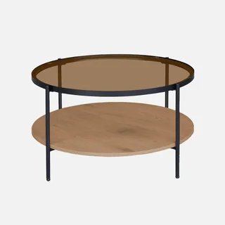 Table basse ronde double plateau verre bois métal noir Smooky