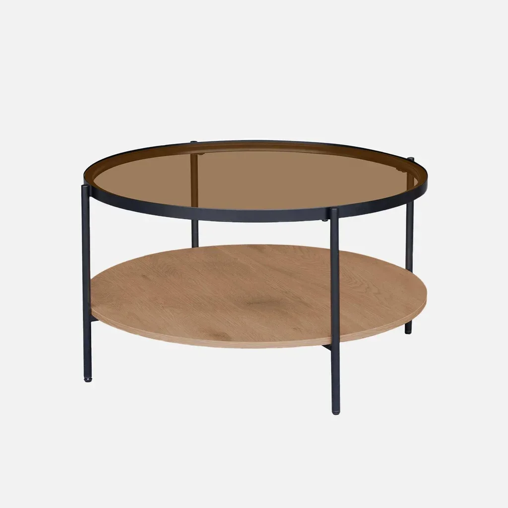Table basse ronde double plateau verre bois métal noir Smooky