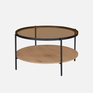 Table basse ronde double plateau verre bois métal noir Smooky