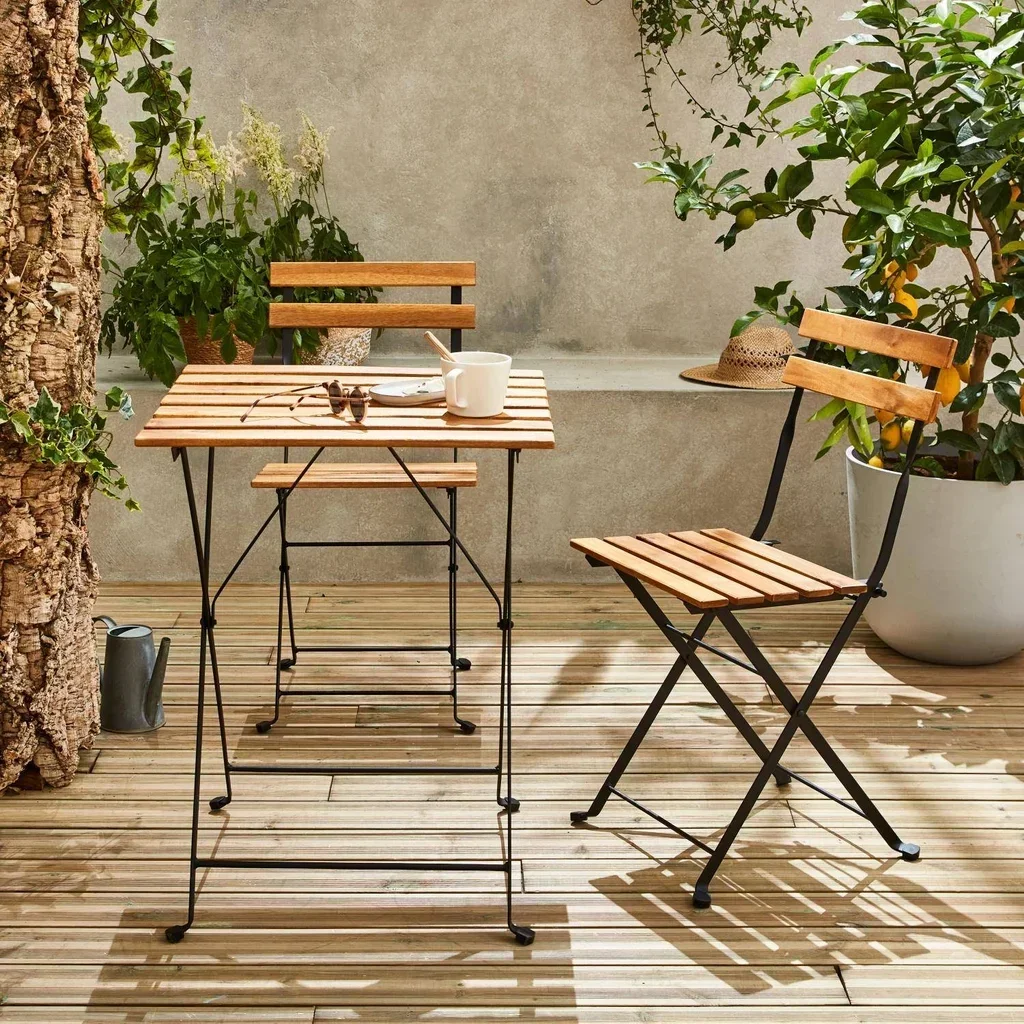 Table bistrot pliante acacia métal 2 places Malagua terrasse