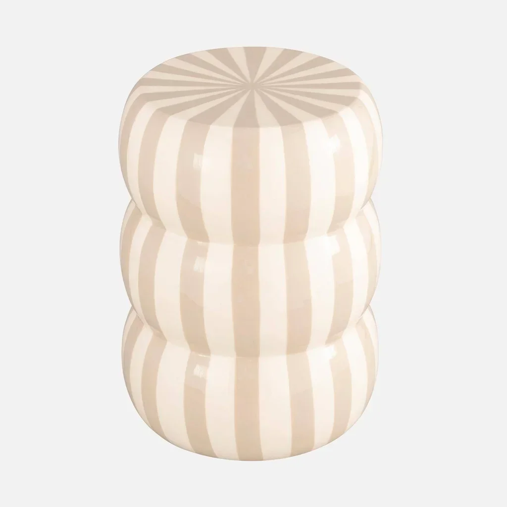 Table d'appoint ronde rayée beige blanc acier émaillé 46cm