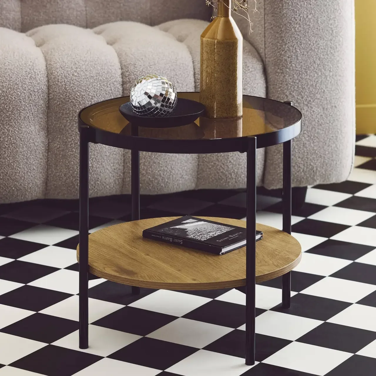 Table d'appoint ronde double plateau verre trempé bois métal noir mat