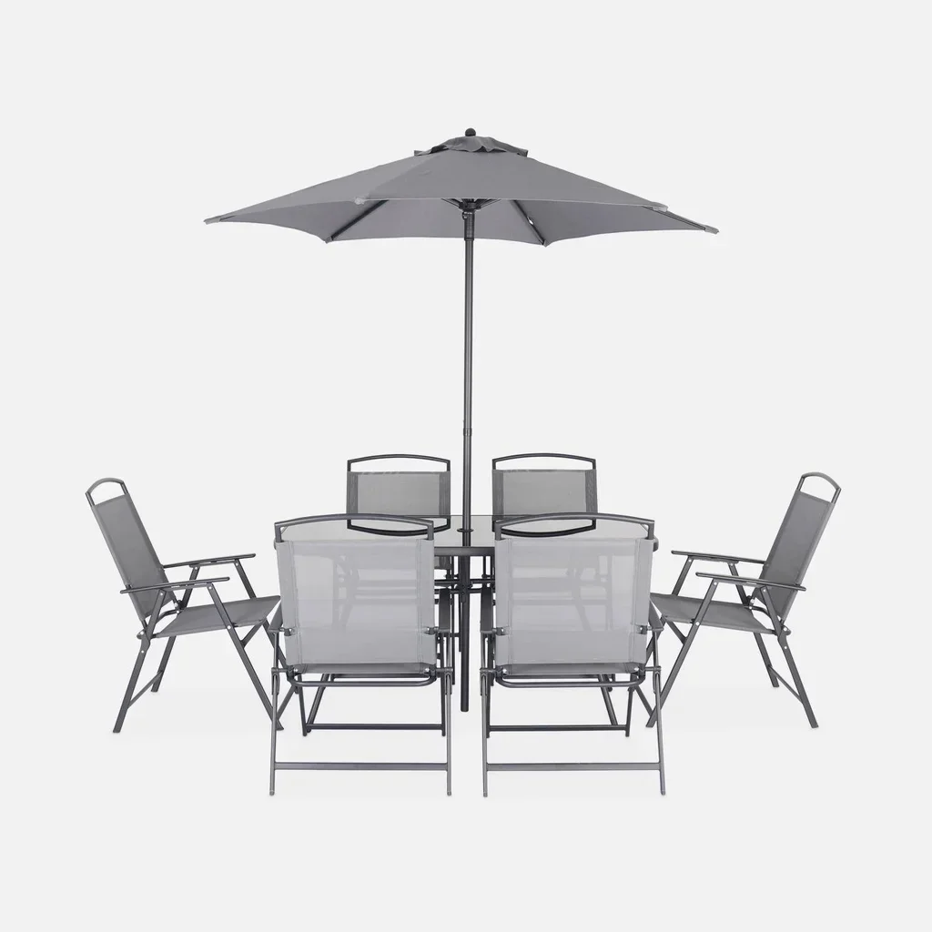 Salon de jardin acier 6 places avec parasol gris