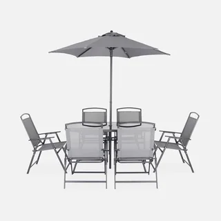 Salon de jardin acier 6 places avec parasol gris