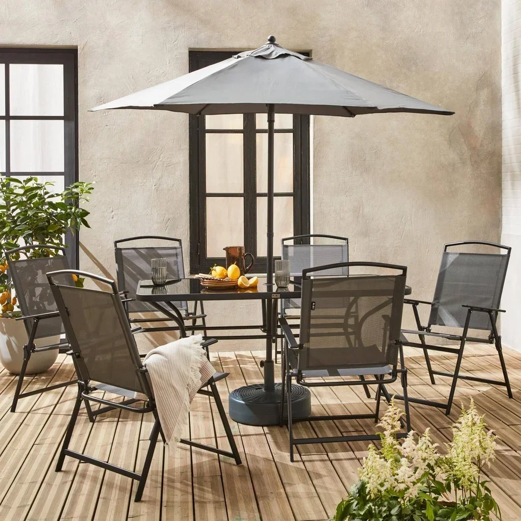 Salon de jardin acier 6 places avec parasol gris