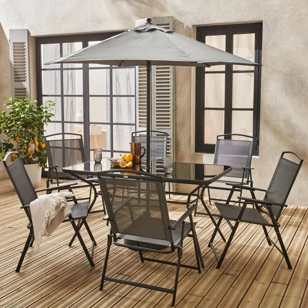 Salon de jardin acier 6 places avec parasol gris