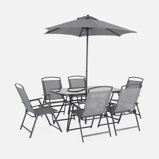 Salon de jardin acier 6 places avec parasol gris