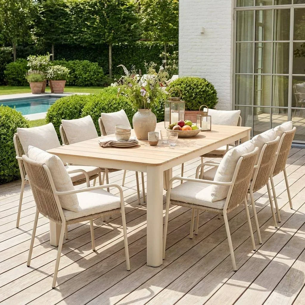 Table de jardin aluminium 8 personnes beige plateau bois Edera
