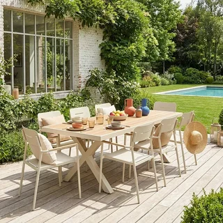 Table de jardin aluminium 8 places Elina beige plateau bois
