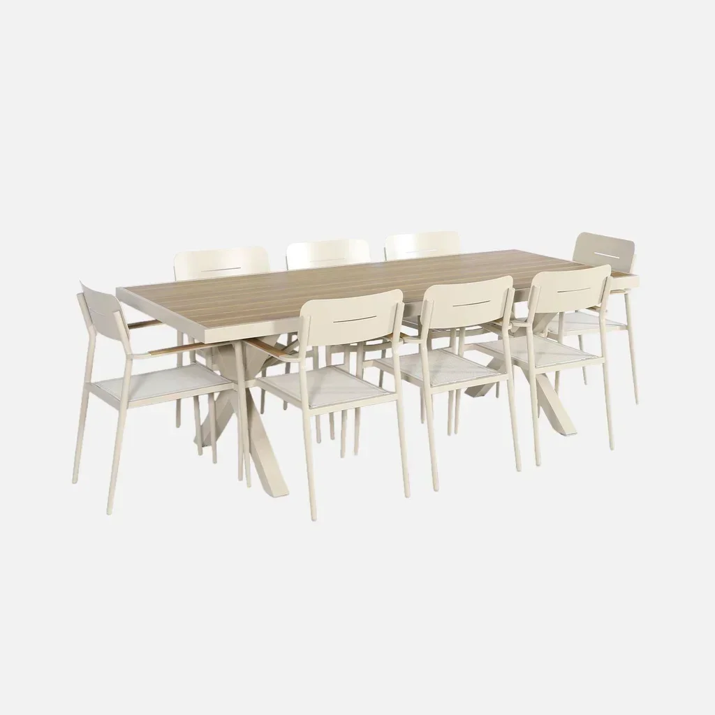 Table de jardin aluminium 8 places Elina beige plateau bois