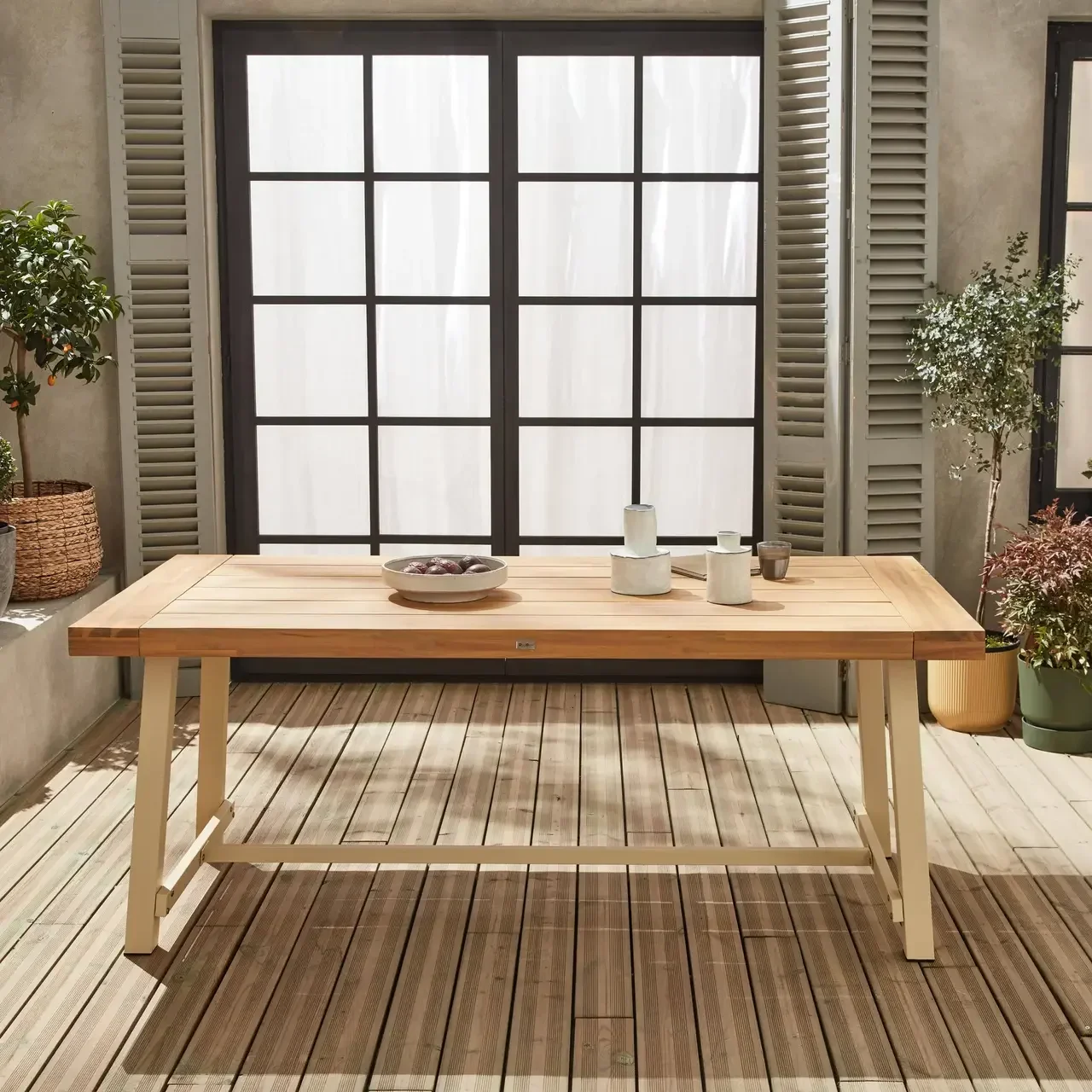 Table de jardin bois acacia et métal 6-8 personnes intérieur extérieur