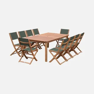 Mesa de jardín extensible de eucalipto con 10 sillas y sillones plegables Almeria