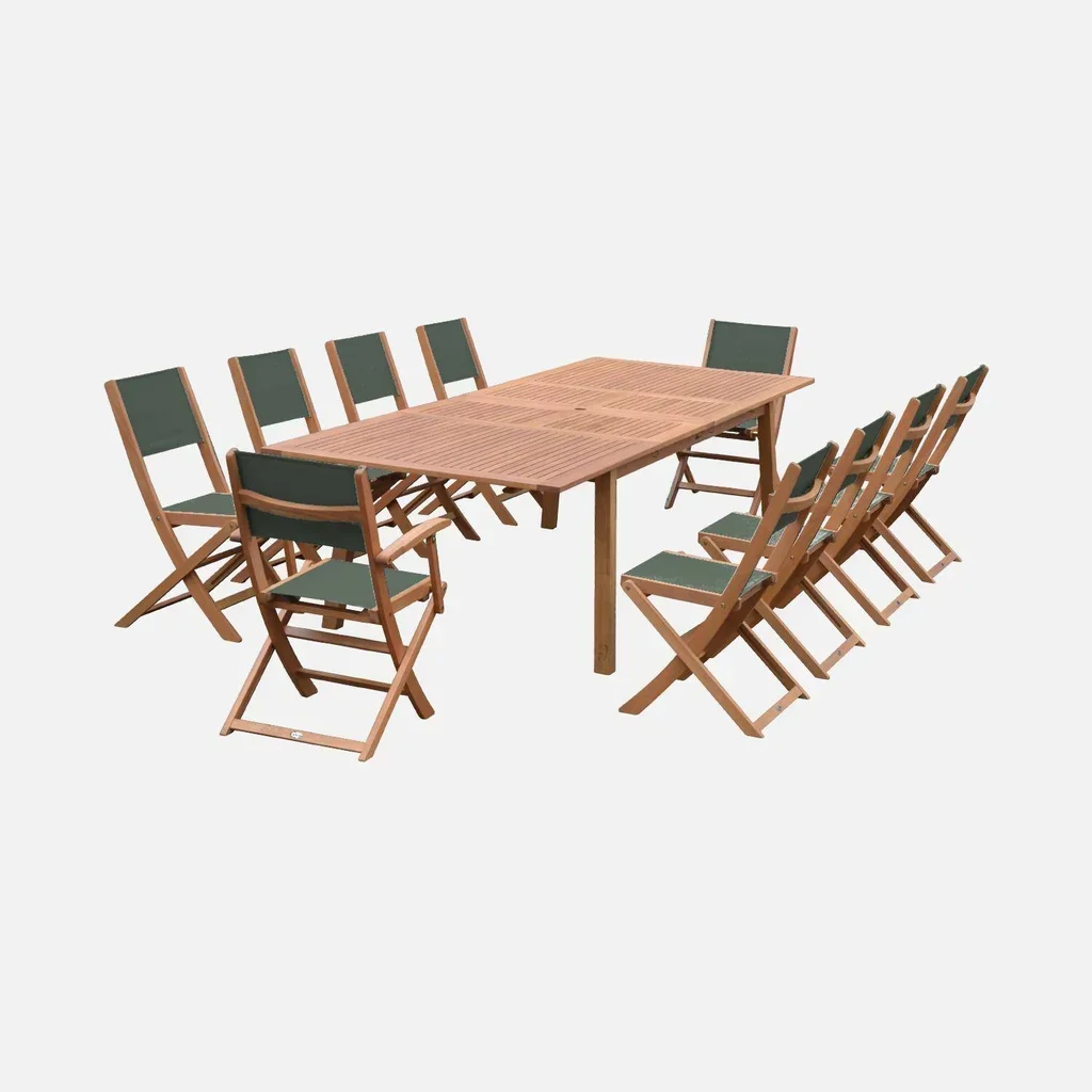 Mesa de jardín extensible de eucalipto con 10 sillas y sillones plegables Almeria
