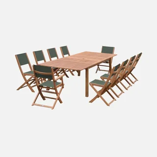 Mesa de jardín extensible de eucalipto con 10 sillas y sillones plegables Almeria