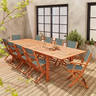 Mesa de jardín extensible de eucalipto con 10 sillas y sillones plegables Almeria