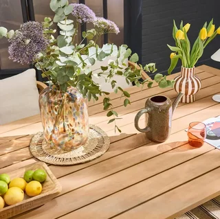 Ensemble table jardin bois eucalyptus 8 places Loria 260 cm avec fauteuils cordés Calama