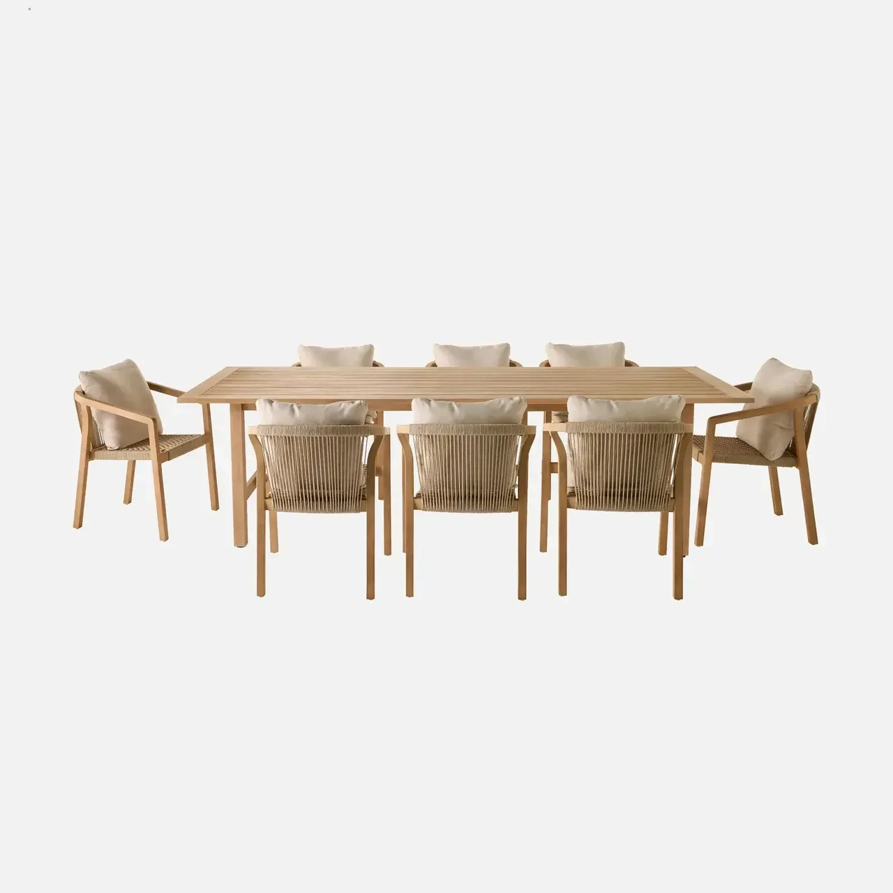 Ensemble table jardin bois eucalyptus 8 places Loria 260 cm avec fauteuils cordés Calama