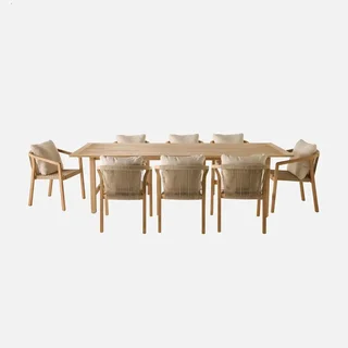 Ensemble table jardin bois eucalyptus 8 places Loria 260 cm avec fauteuils cordés Calama