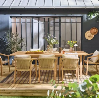 Ensemble table jardin bois eucalyptus 8 places Loria 260 cm avec fauteuils cordés Calama
