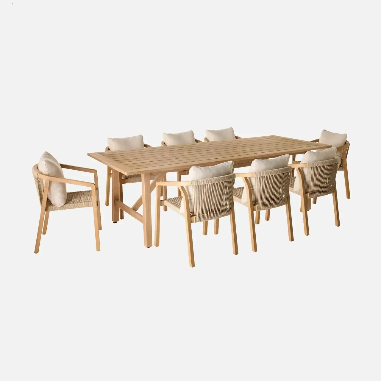 Ensemble table jardin bois eucalyptus 8 places Loria 260 cm avec fauteuils cordés Calama