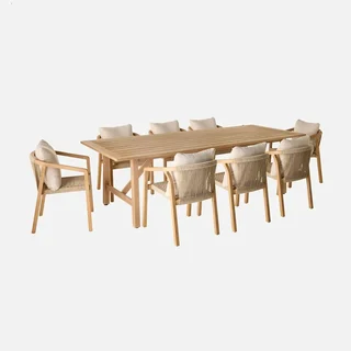 Ensemble table jardin bois eucalyptus 8 places Loria 260 cm avec fauteuils cordés Calama