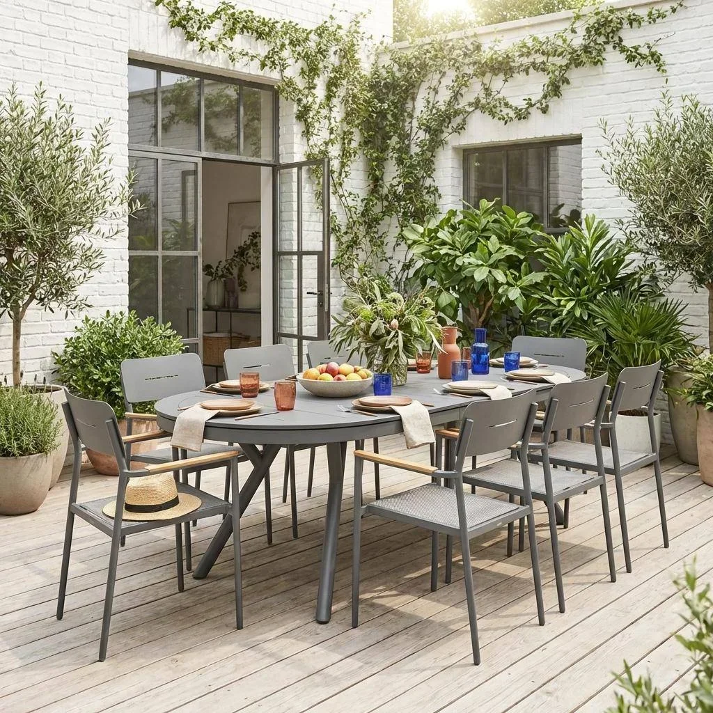 Table de jardin ovale extensible aluminium 8 places - ensemble Metora Fira
