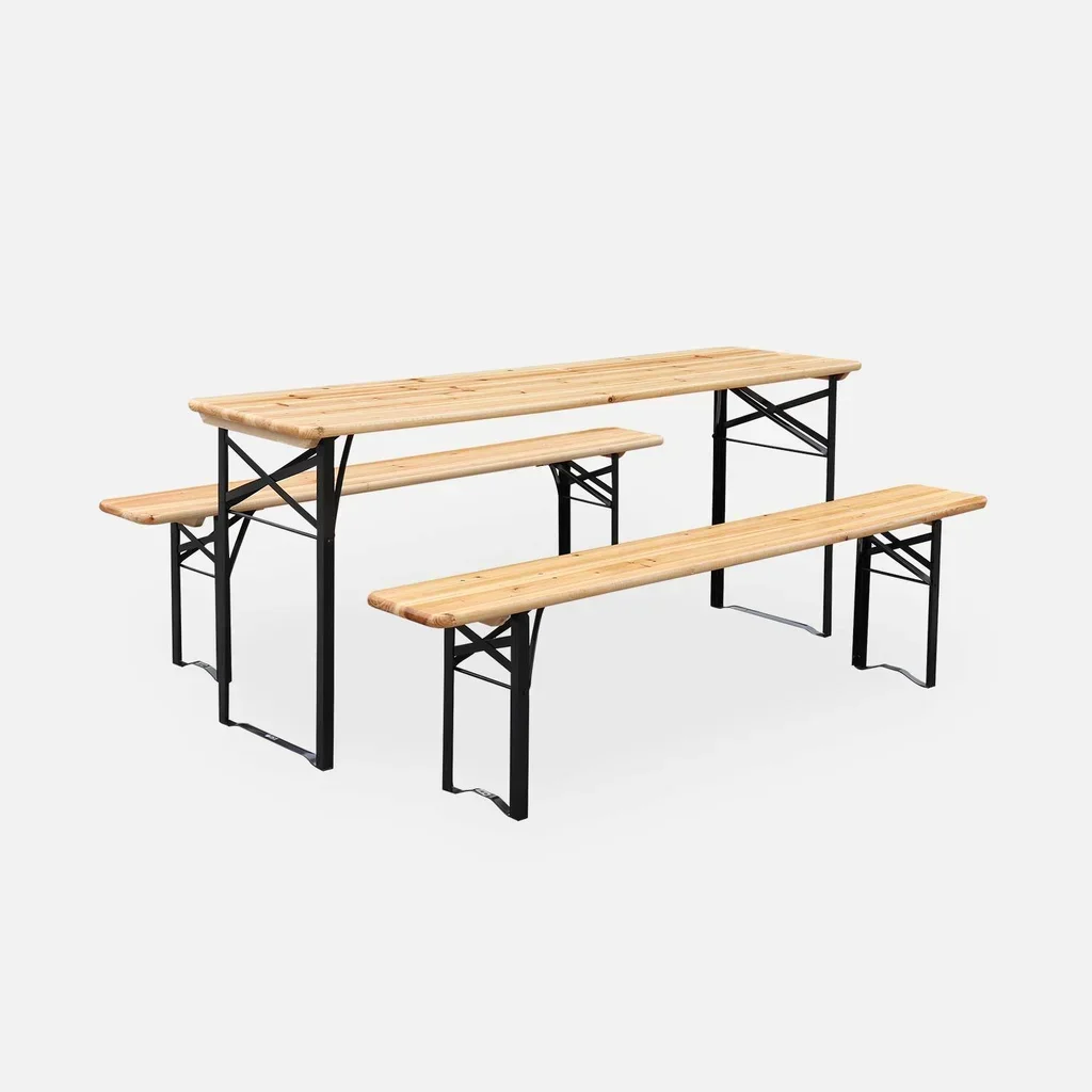 Table de jardin pliante bois sapin 2 bancs brasserie 6 personnes
