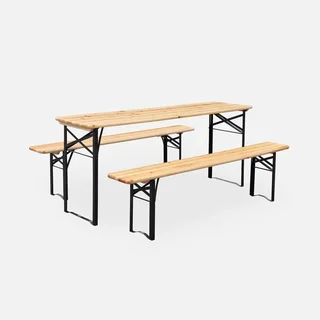 Table de jardin pliante bois sapin 2 bancs brasserie 6 personnes