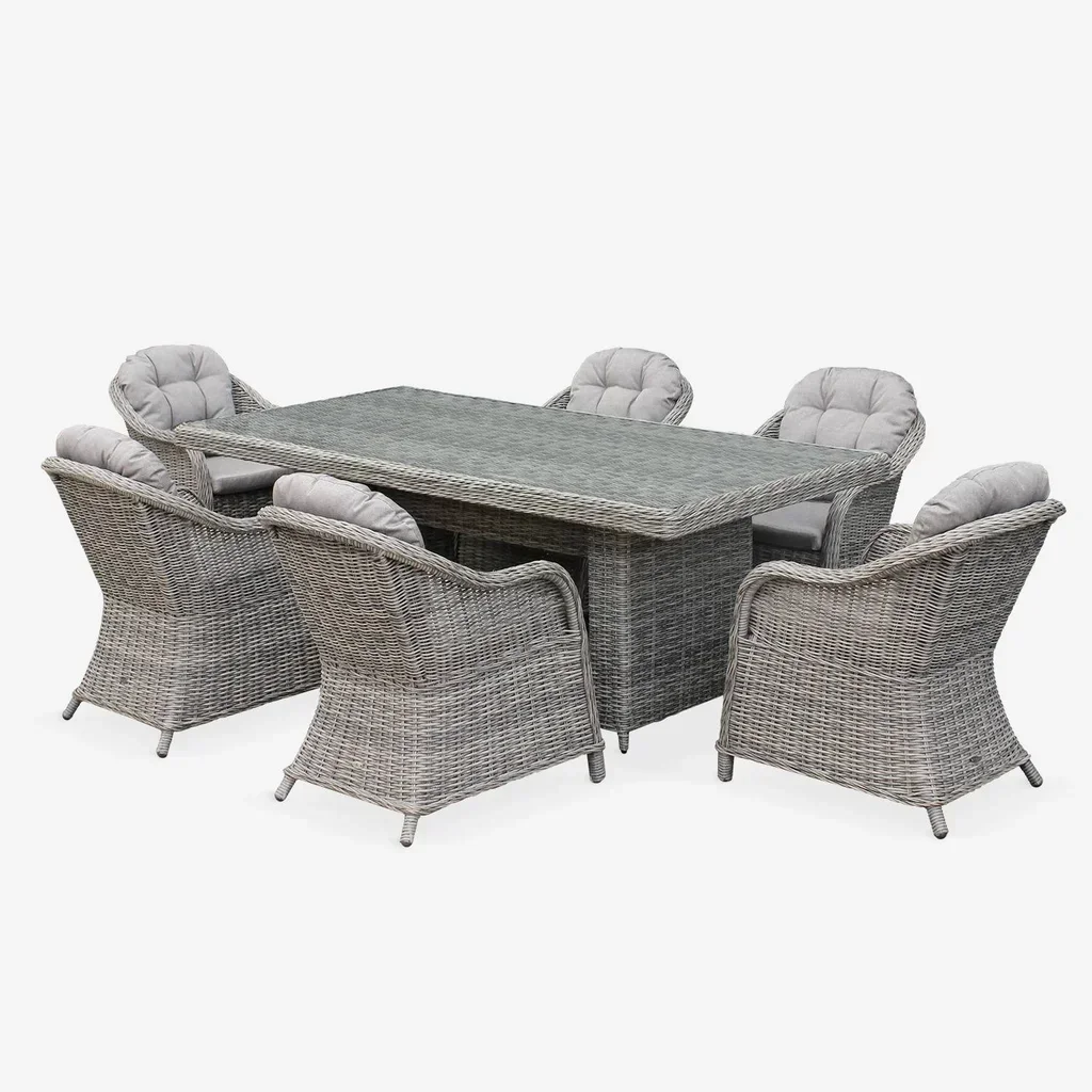 Table de jardin ronde résine 6 places Lecco gris rotin aluminium