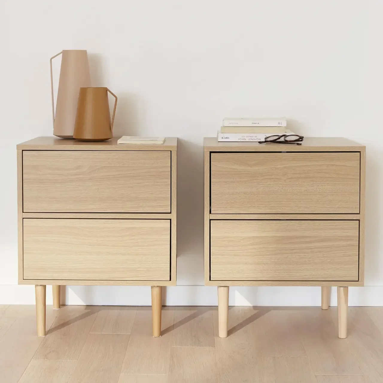 Lot de 2 tables de chevet Mika 2 tiroirs bois pin massif design contemporain chambre