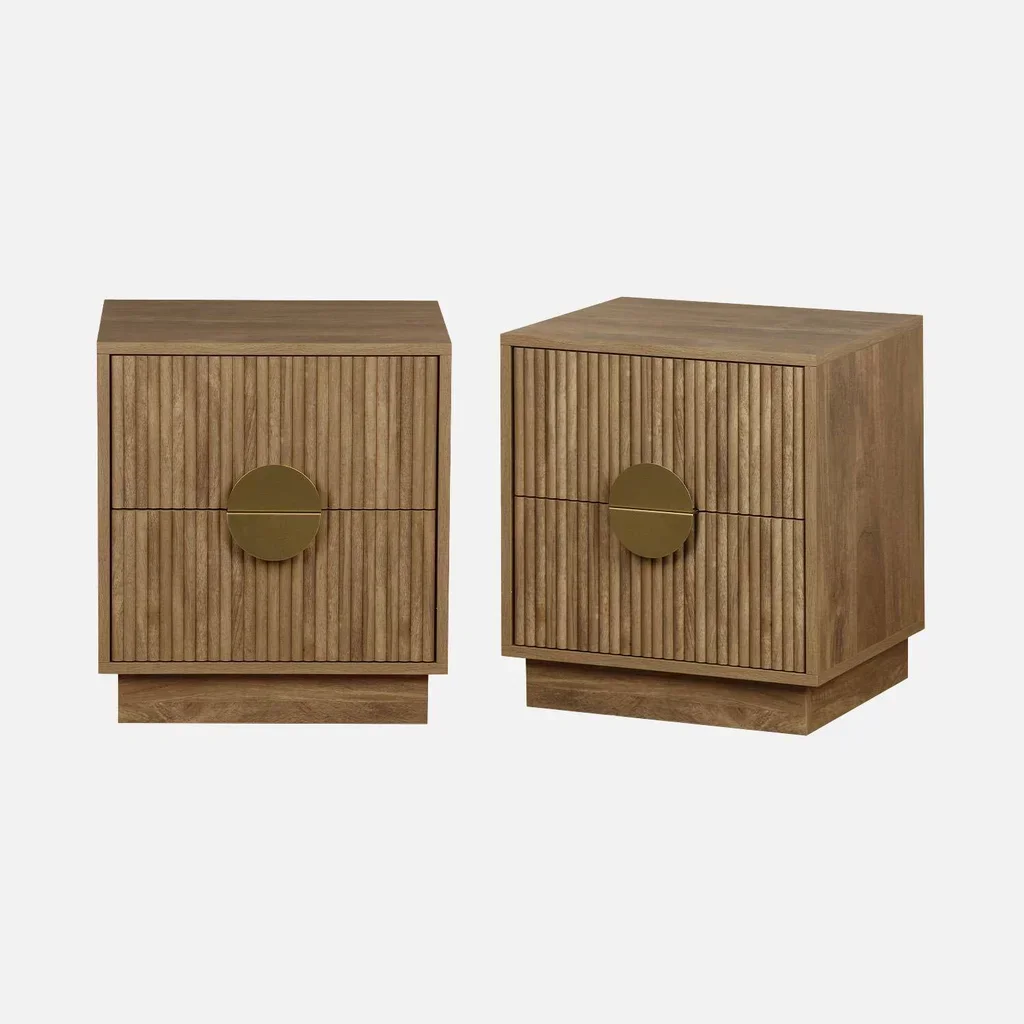 Bedside Table 2 Drawers Carved Striped Mango Wood Set of 2 Celian