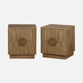 Bedside Table 2 Drawers Carved Striped Mango Wood Set of 2 Celian