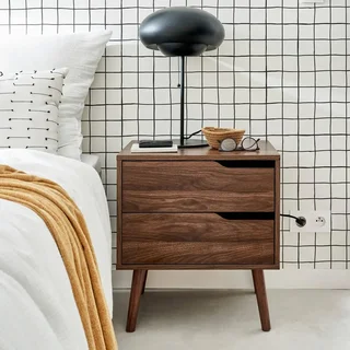 Table de nuit 2 tiroirs bois noyer style scandinave Népal