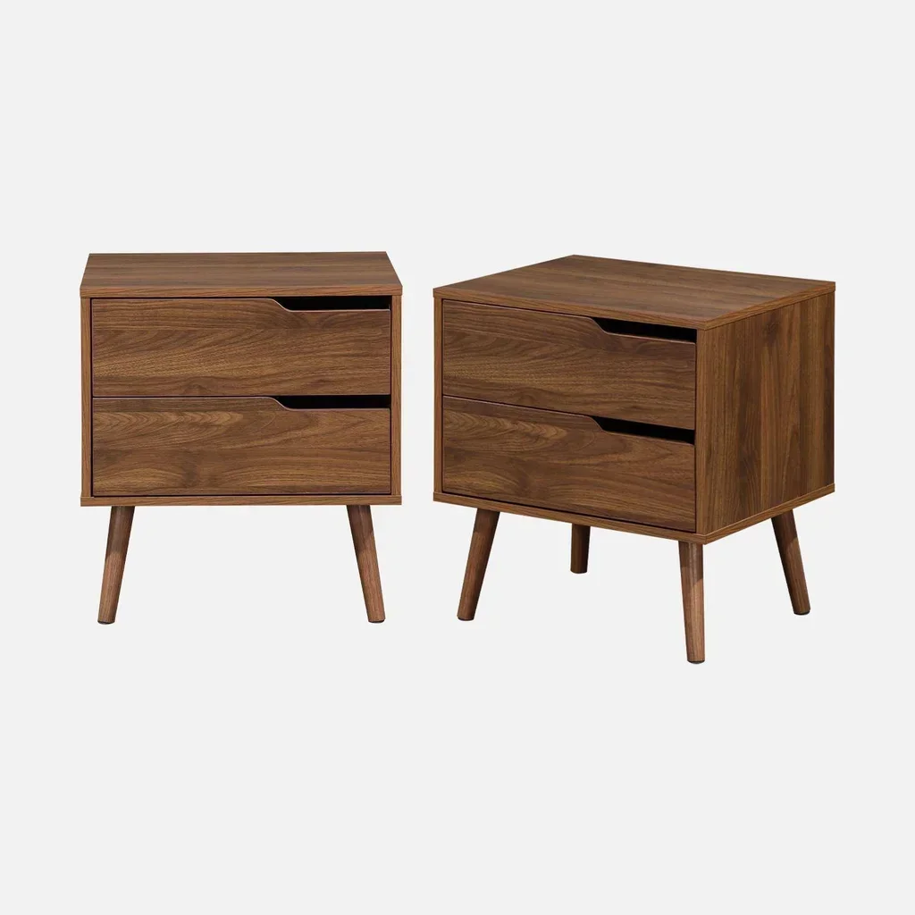 Scandinavian Vintage Walnut Nightstand 2 Drawers Set of 2 Bedside Table