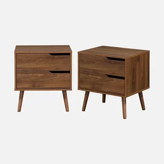 Scandinavian Vintage Walnut Nightstand 2 Drawers Set of 2 Bedside Table