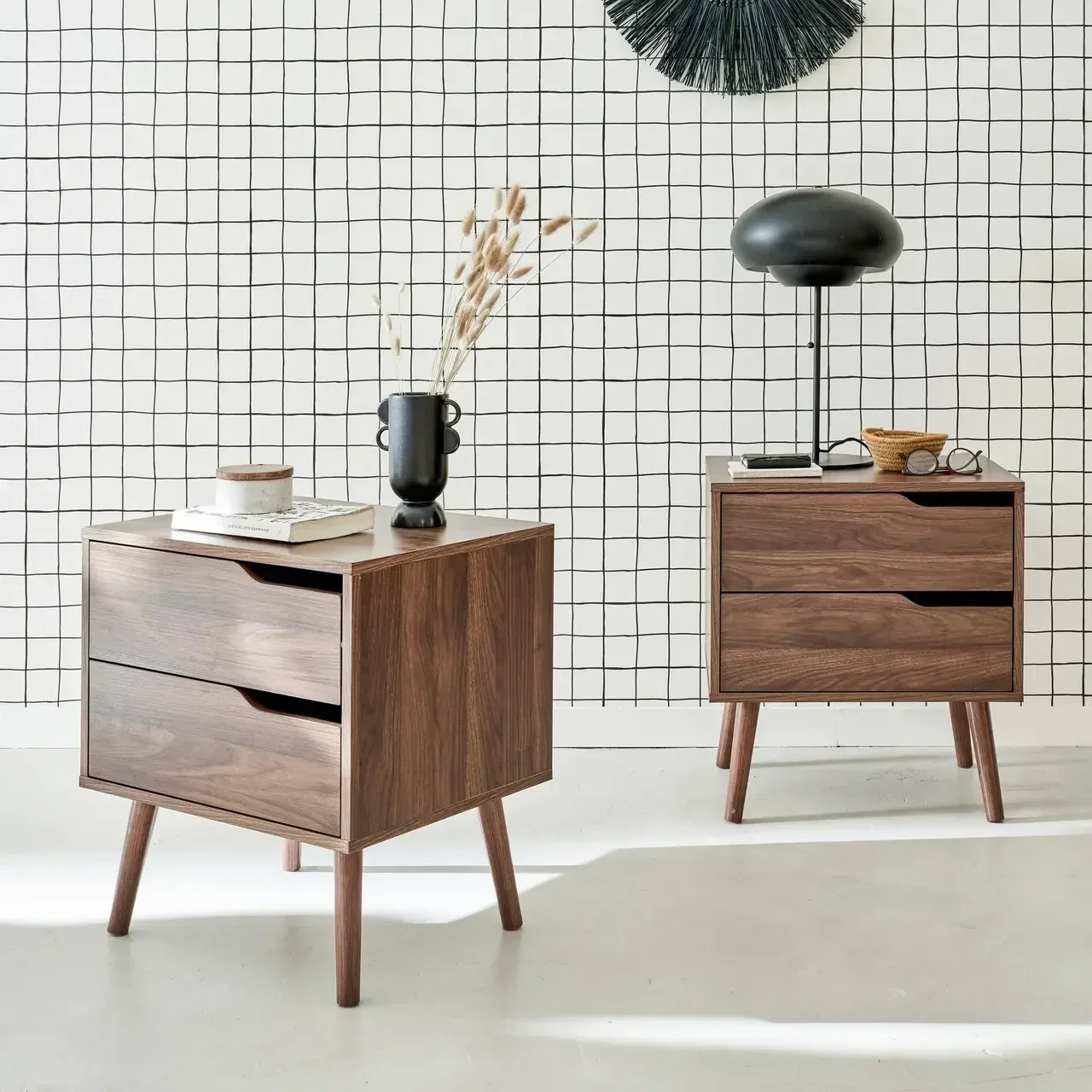 Table de nuit 2 tiroirs noyer scandinave vintage lot de 2