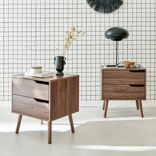 Scandinavian Vintage Walnut Nightstand 2 Drawers Set of 2 Bedside Table