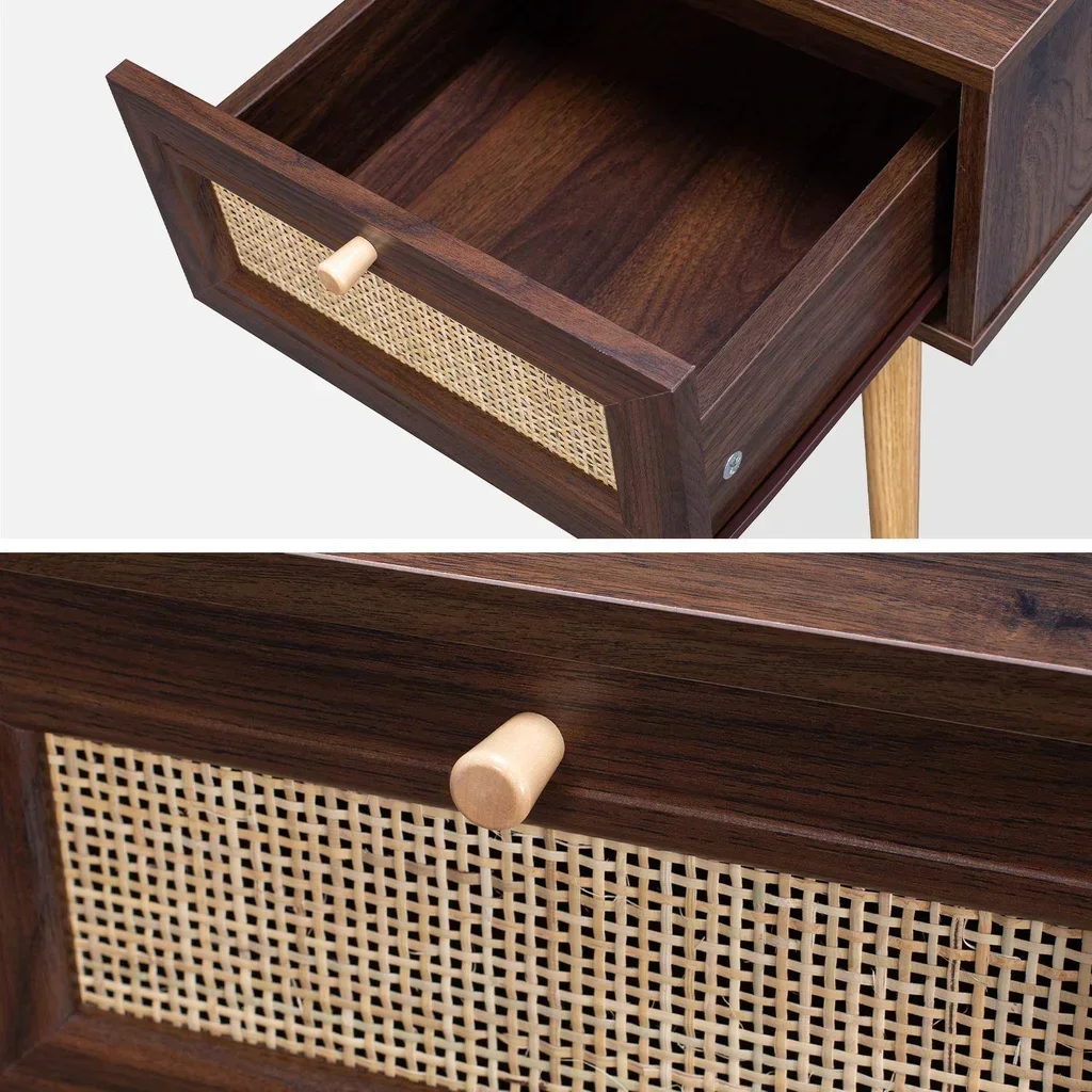 Nachttisch aus Rattan und Holz mit 1 Schublade Natur Boho Vintage Stil
