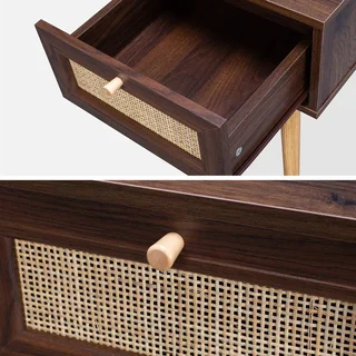 Nachttisch aus Rattan und Holz mit 1 Schublade Natur Boho Vintage Stil