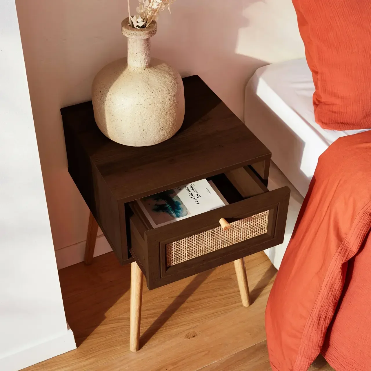Nachttisch aus Rattan und Holz mit 1 Schublade Natur Boho Vintage Stil