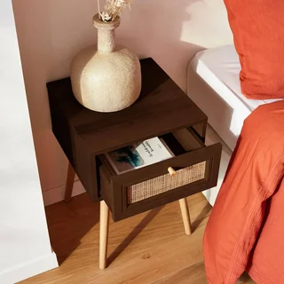 Nachttisch aus Rattan und Holz mit 1 Schublade Natur Boho Vintage Stil