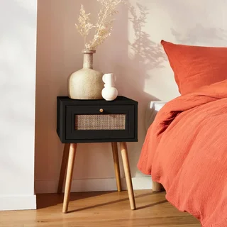 Nachttisch Rattan Holz Vintage Boho Stil 1 Schublade Beistelltisch