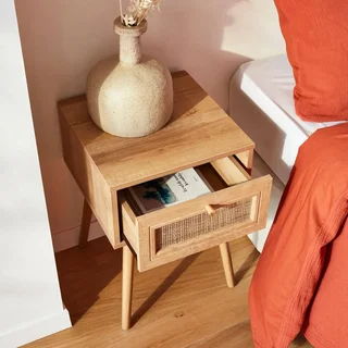 Rattan Nachttisch Vintage Holz 1 Schublade böhmischer natürlicher Stil Schlafzimmer