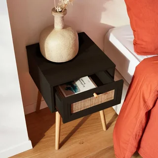 Nachttisch Rattan Holz Vintage Boho Stil 1 Schublade Beistelltisch