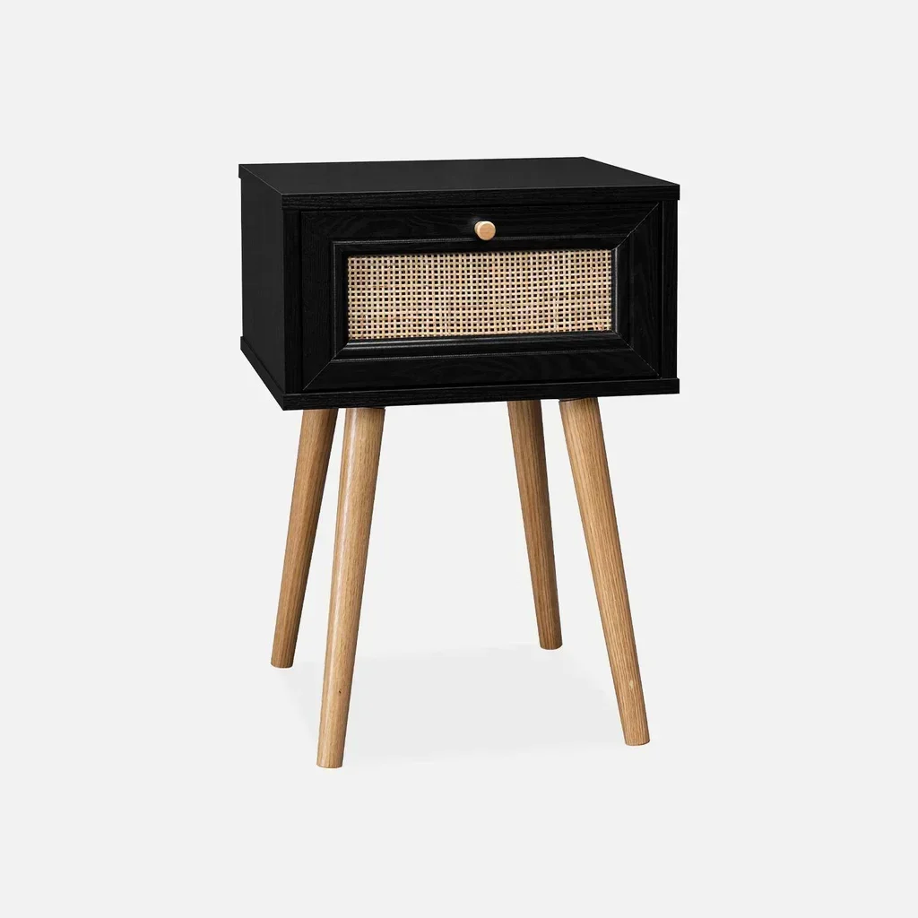 Nachttisch Rattan Holz Vintage Boho Stil 1 Schublade Beistelltisch