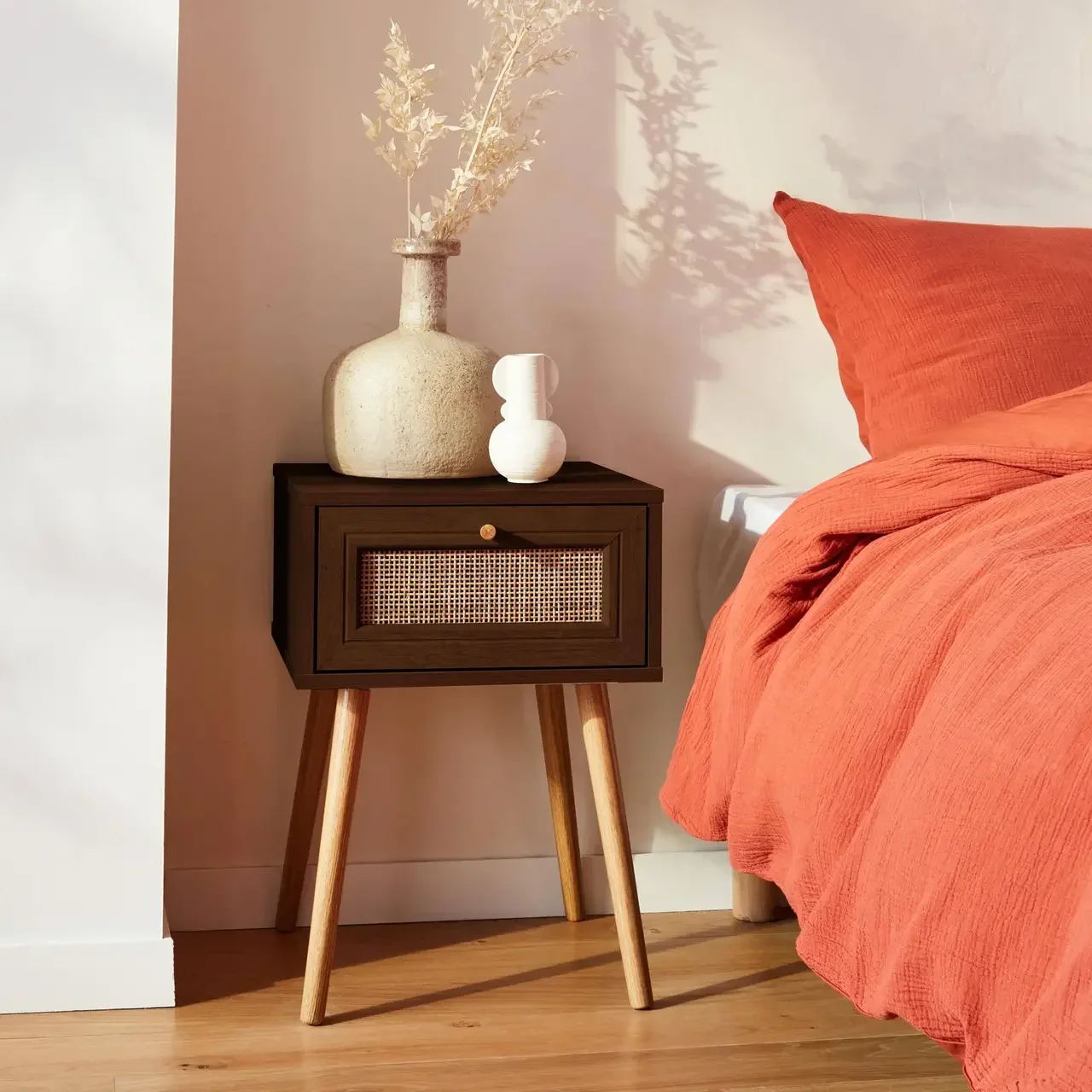Nachttisch aus Rattan und Holz mit 1 Schublade Natur Boho Vintage Stil